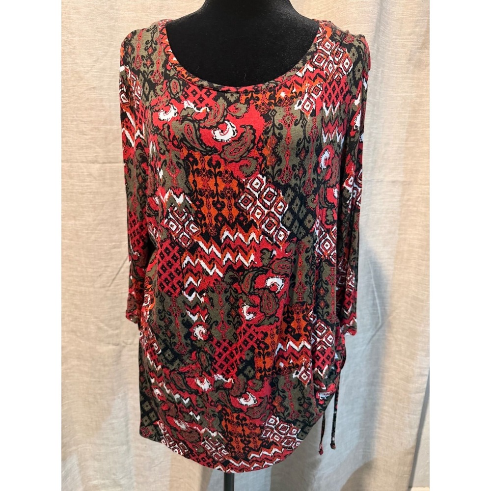 High Fifth Womens XL Red Olive Paisley Geometric Side Cinch 3/4 Sleeve Tunic Top
